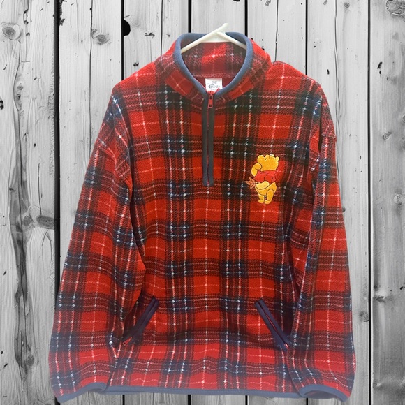 Disney Store vtg 90’s Red Plaid Zip-Up Sweater with Winnie the Pooh Patch L Mens - Picture 1 of 8